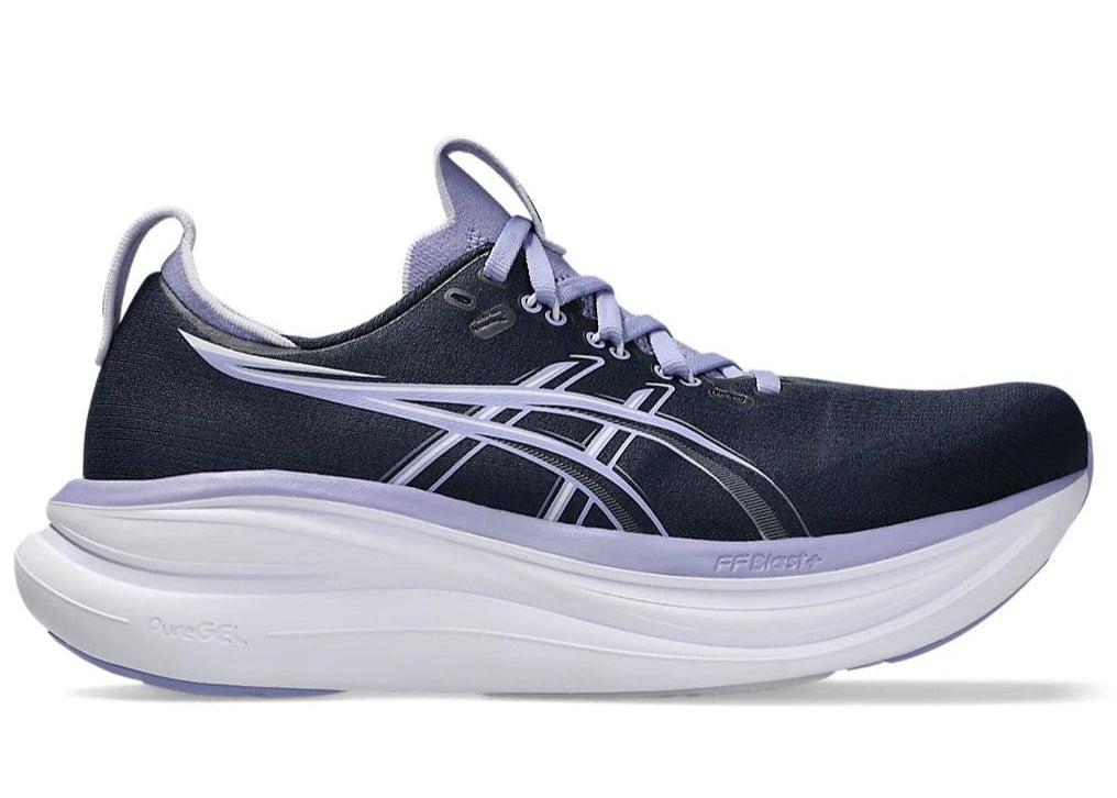 Navy and light purple running shoe on a white background