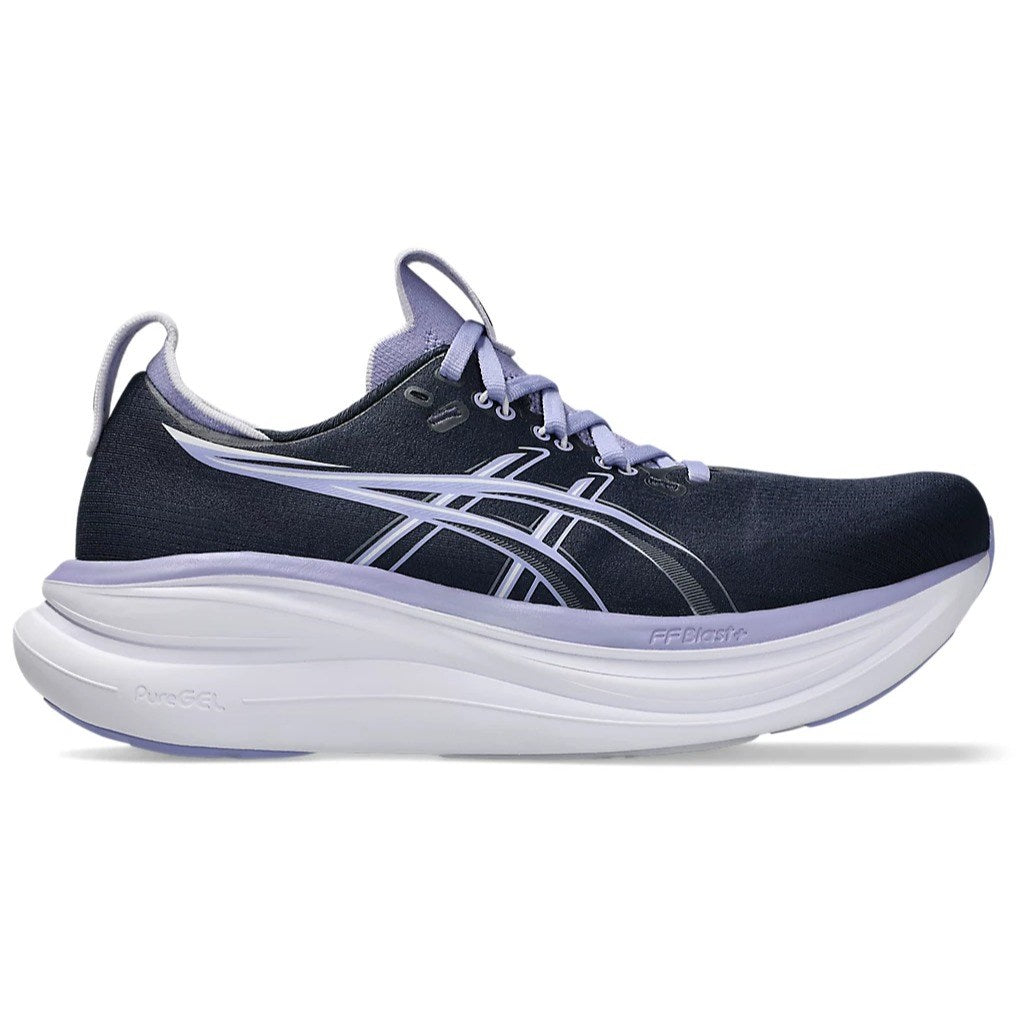 Navy and light purple running shoe on a white background