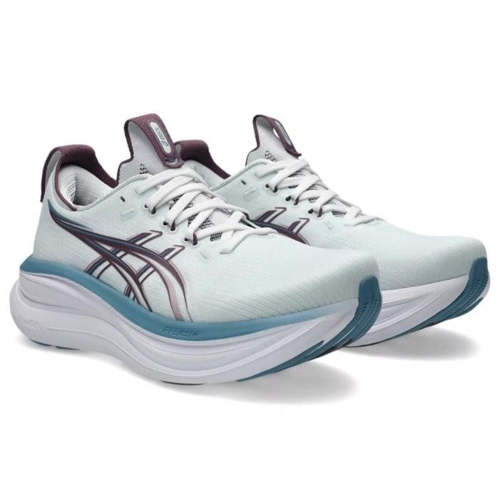 White running shoes with blue accents on a white background