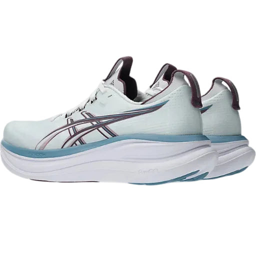 White running shoe with blue accents on a white background