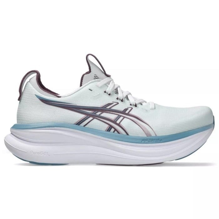 White running shoe with blue accents on a white background