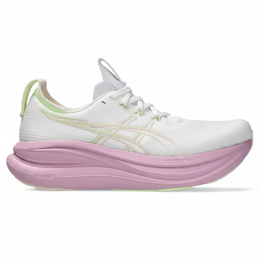 White running shoe with pink sole on a white background