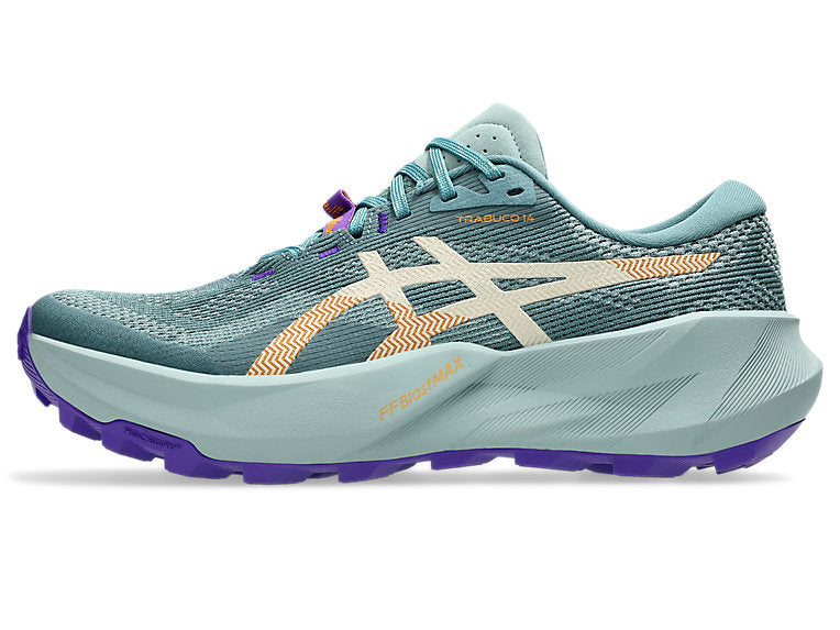 A single Asolo Trekking running shoe in a muted teal-blue colorway with a thick light blue-gray midsole, purple outsole, and orange and cream logo accents.