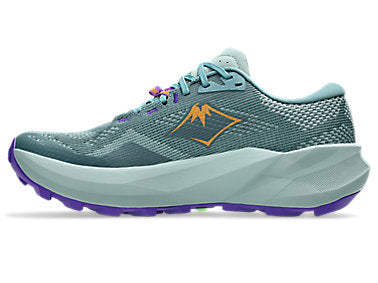 A trail running shoe in a muted teal-gray colorway with a thick light gray midsole, purple outsole, and an orange mountain logo on the side.