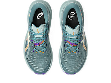 A pair of Asics running shoes in a light teal blue color, shown from a top-down view on a white background.