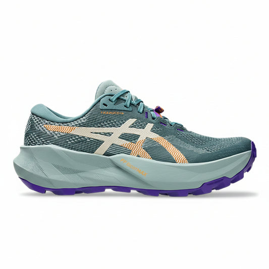 A single ASICS running shoe in a muted teal-blue colorway, featuring a light beige logo overlay, orange knit accents, and a purple outsole, shown against a plain white background.