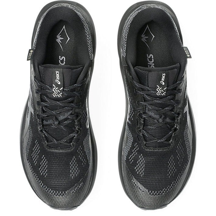 Black athletic shoes with brand logo on a white background