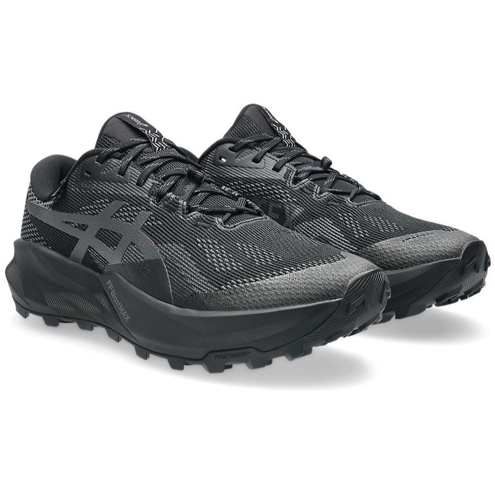 Pair of black running shoes on a white background