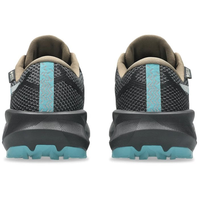 Black and gray athletic shoes with blue accents on a white background