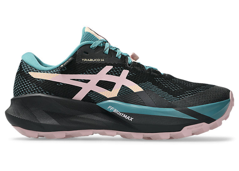 Black and blue running shoe with pink accents on a white background