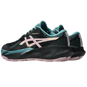 Black and teal running shoe with pink accents on a white background