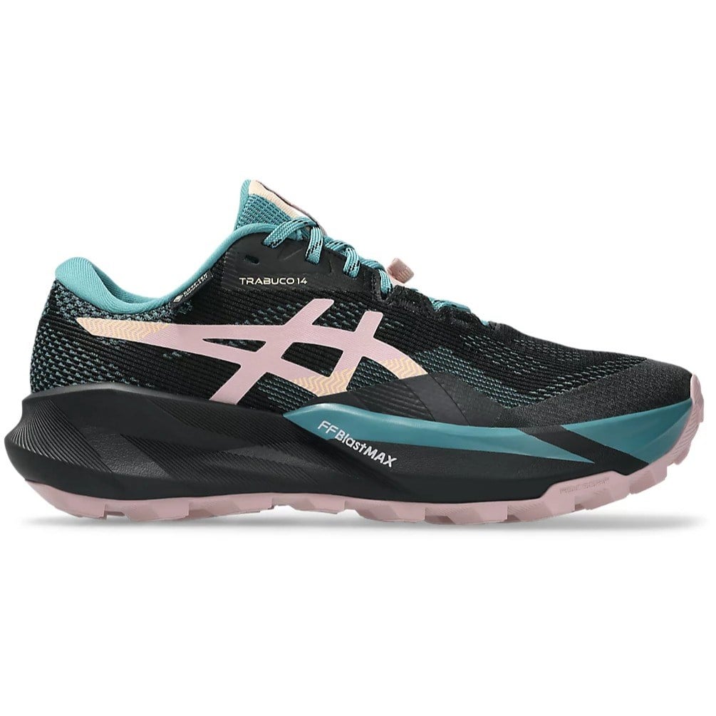 Black and teal running shoe with pink accents on a white background
