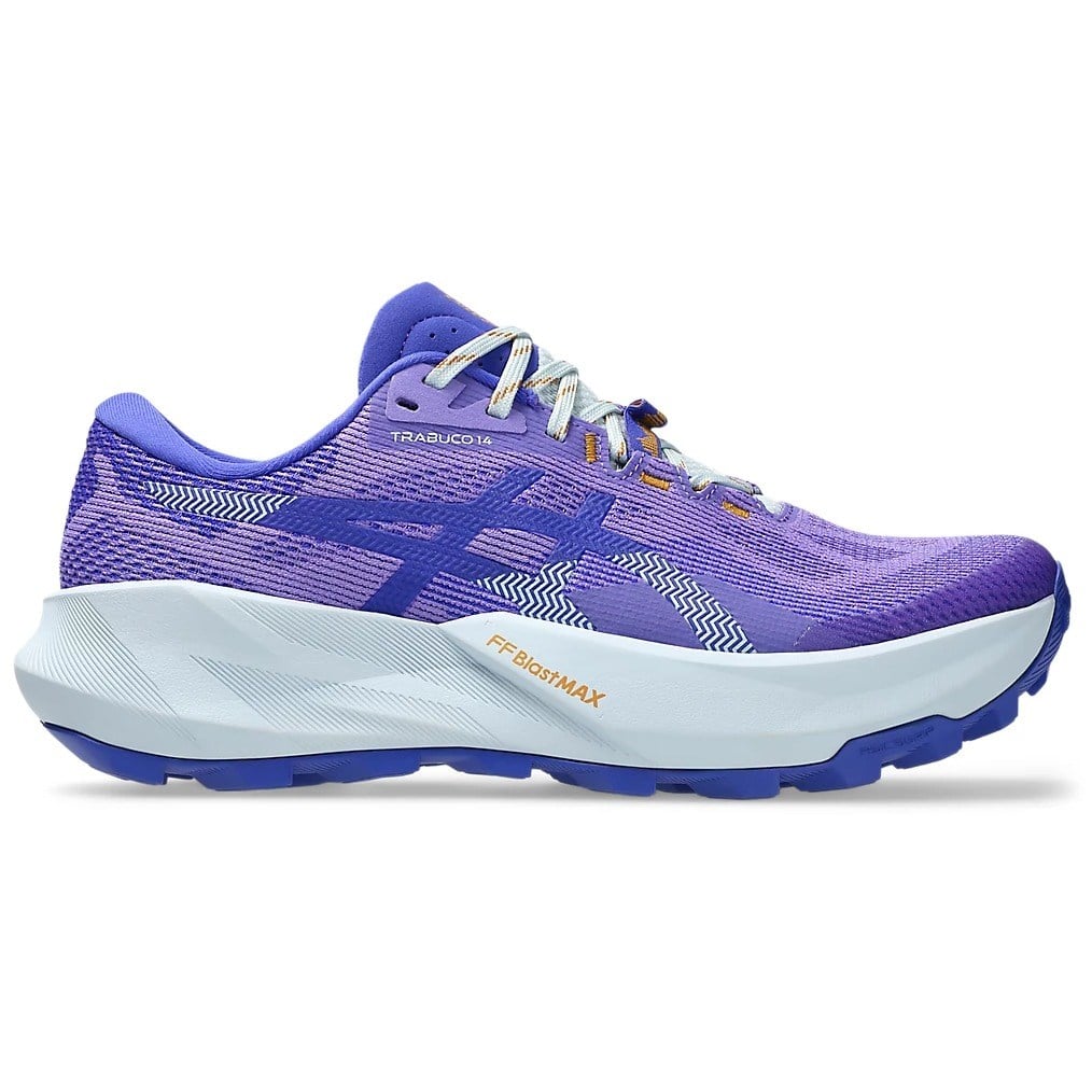 Purple running shoe with white sole on a white background