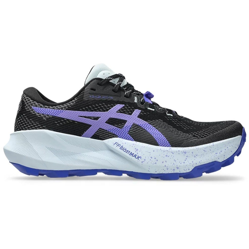 Black and purple running shoe with blue sole on a white background