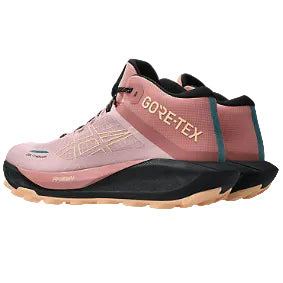 Pink and black hiking shoe with GORE-TEX branding on a white background