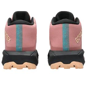 Pair of pink and black shoes with Goretex branding on a white background