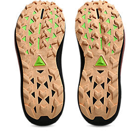 Pair of shoe insoles with a textured surface and green triangles on a white background