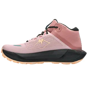 Pink athletic shoe with black sole on a white background