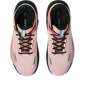 Pair of pink running shoes with black laces on a white background
