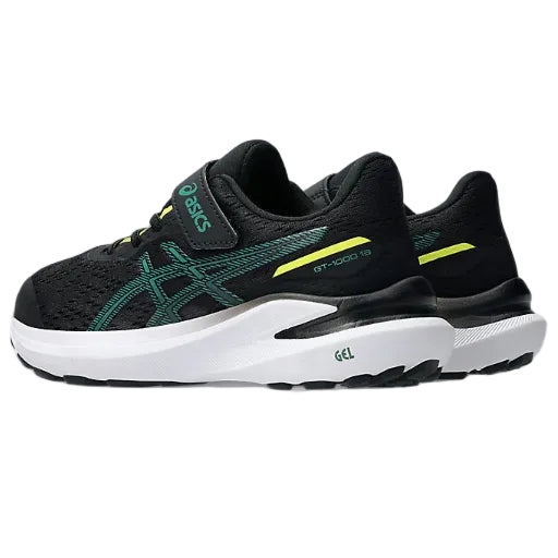 Black running shoes with green and yellow accents on a white background