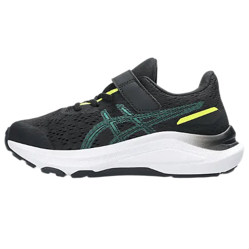 Black running shoe with green and yellow accents on a white background