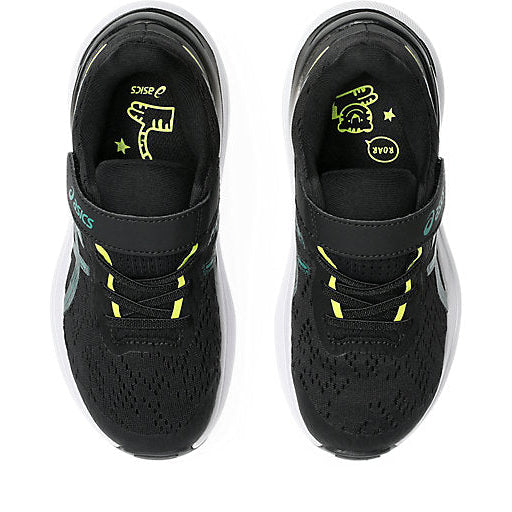 Black running shoes with yellow accents on a white background