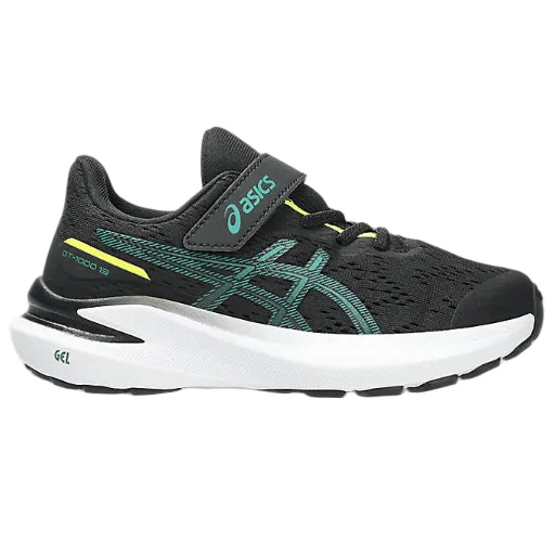 Black and green running shoe with white sole on a white background