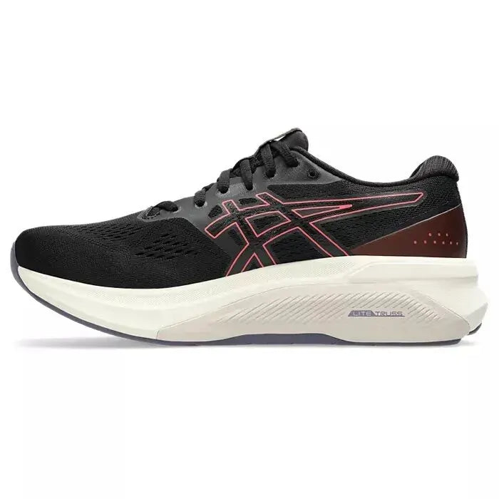 Black running shoe with pink accents on a white background
