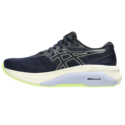 Navy running shoe with white sole on a white background
