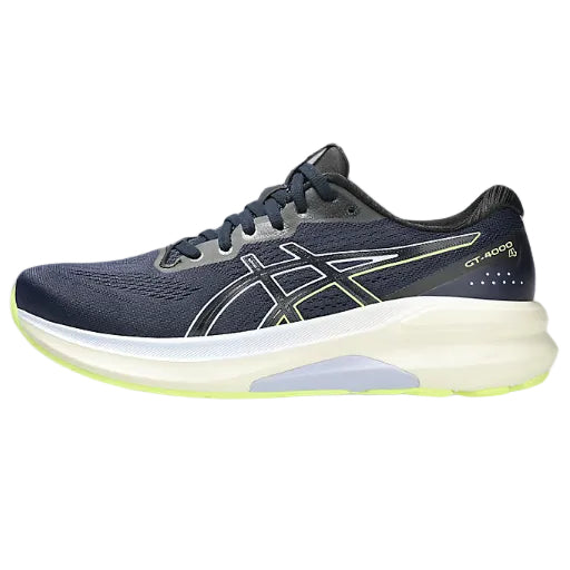 Navy running shoe with white sole on a white background