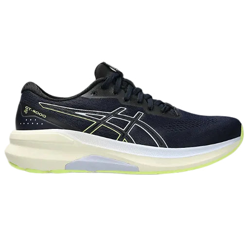 Navy running shoe with white sole on a white background