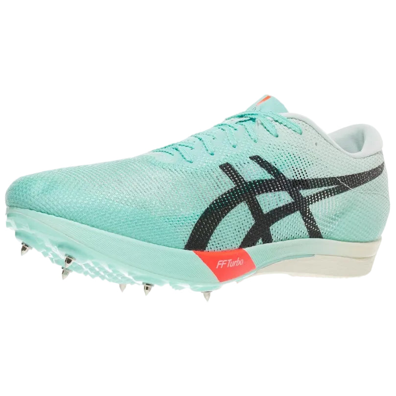 Light blue running shoe with black accents on a white background