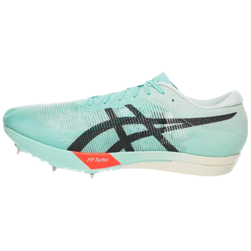 Light blue running shoe with black logo on a white background