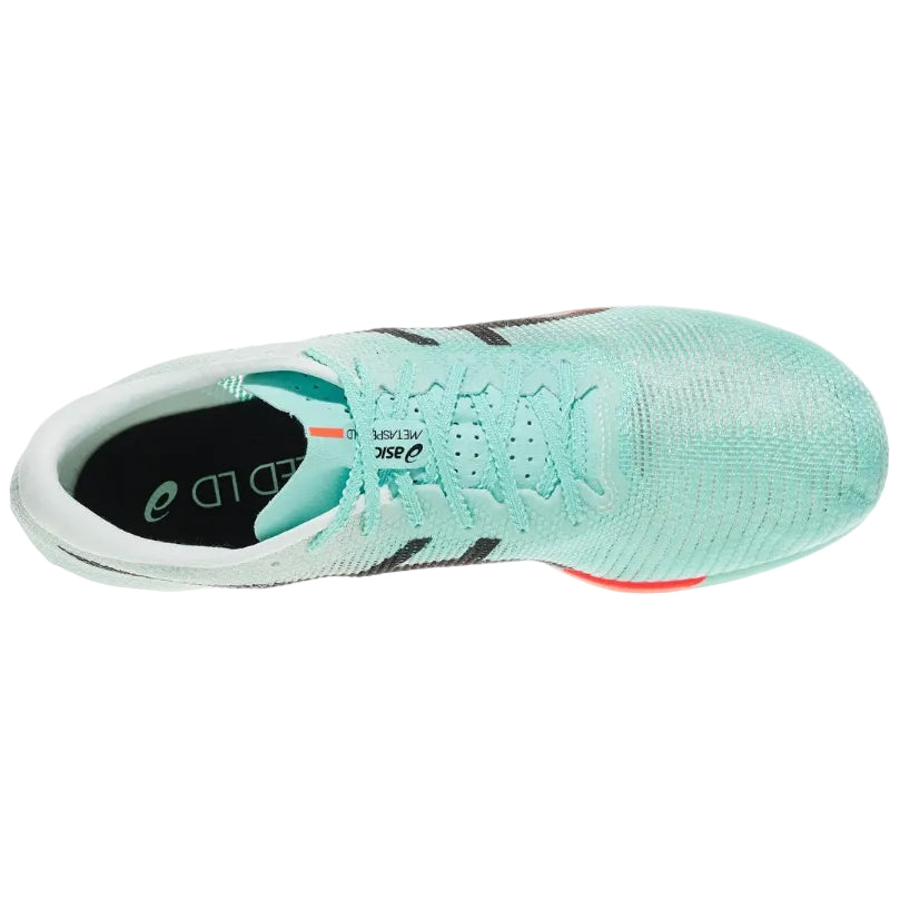 Light blue running shoe with black and red accents on a white background