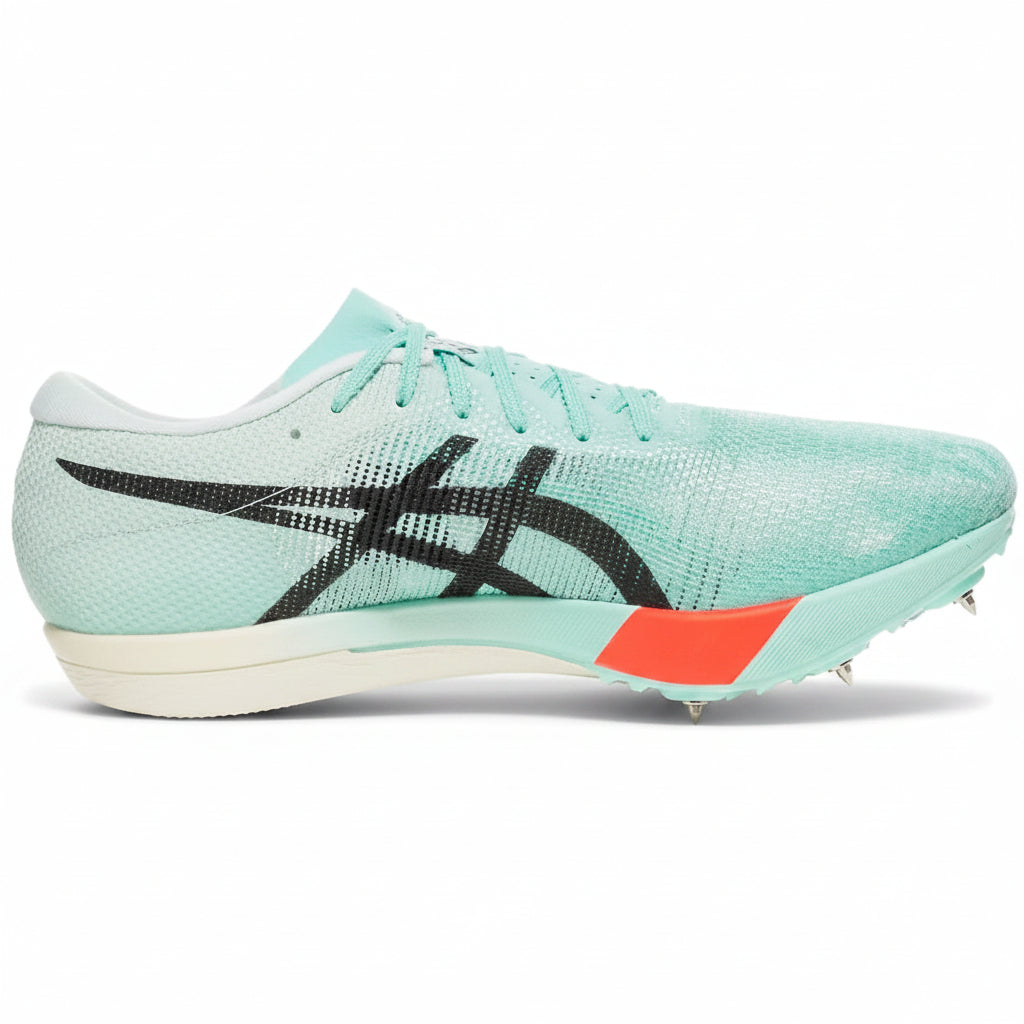 Light blue running shoe with black and red accents on a white background