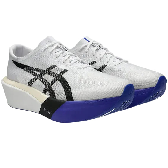 White running shoes with black and blue accents on a white background