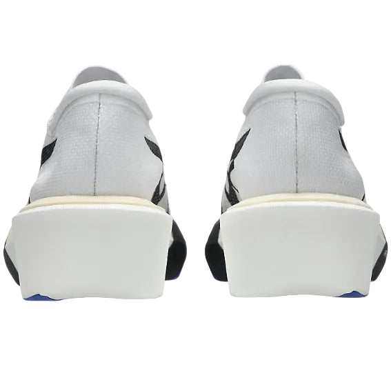Back view of a pair of gray sneakers with black and white accents on a white background