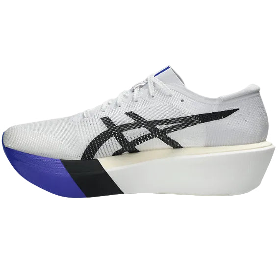 White running shoe with black and blue design on a white background