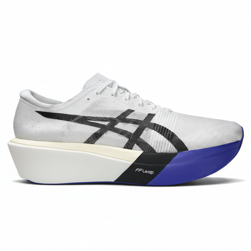 White running shoe with black and blue sole on a white background