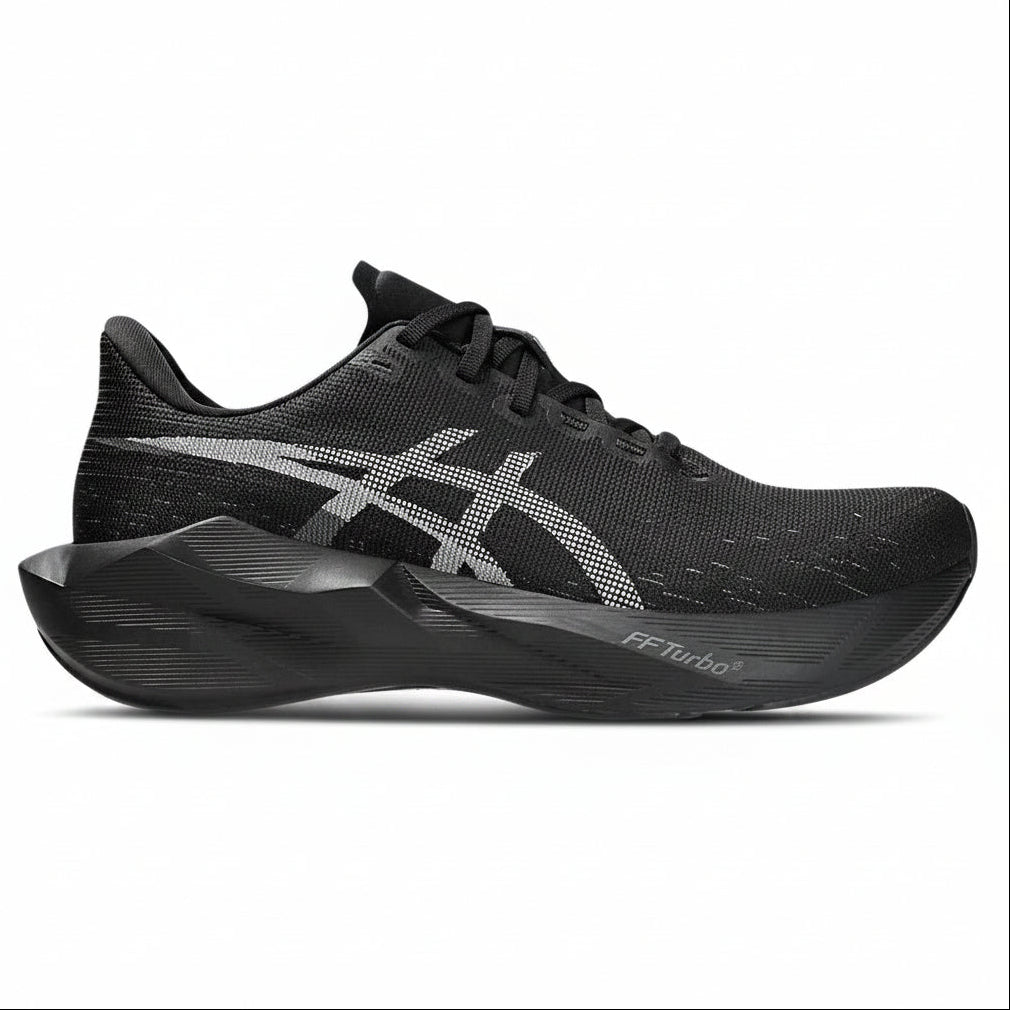 Black running shoe with brand logo on a light gray background