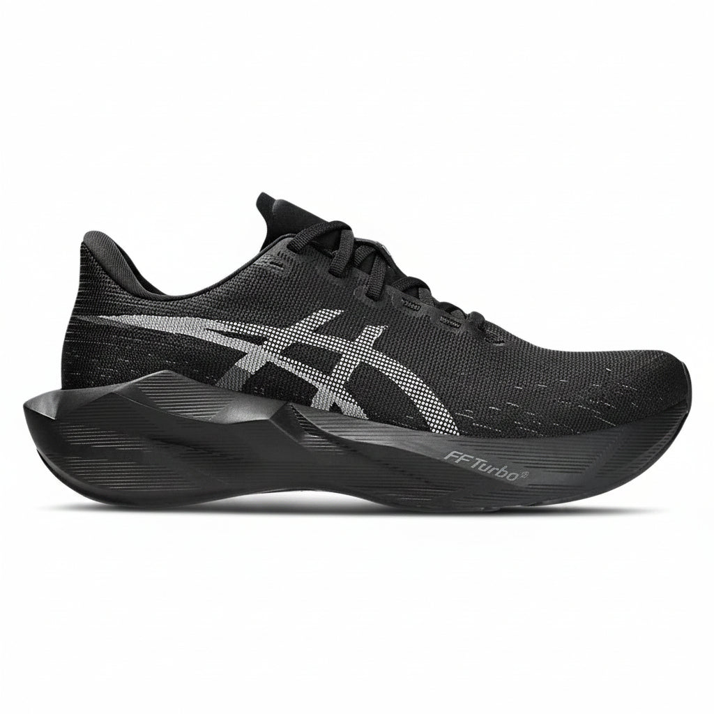 Black running shoe with brand logo on a light gray background