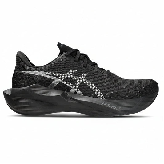 Black running shoe with brand logo on a light gray background
