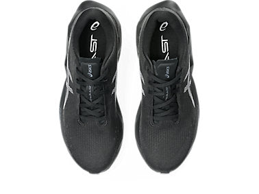 A pair of black Asics running shoes shown from a top-down view on a plain white background.