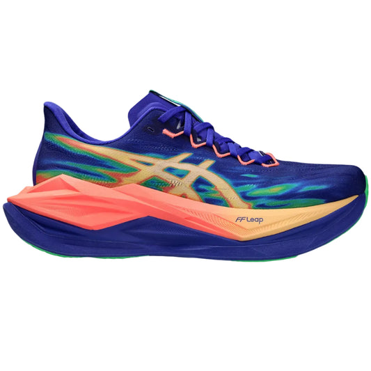 Blue running shoe with colorful sole on a white background
