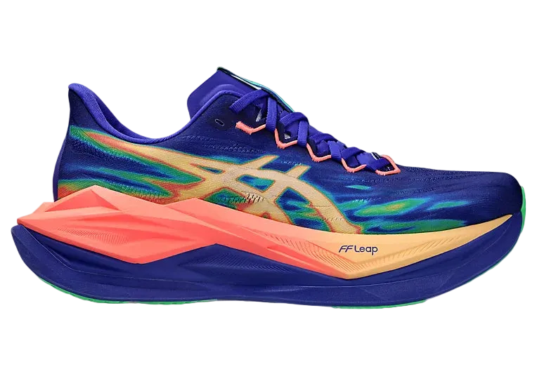 Multicolored running shoe with brand logo on a white background