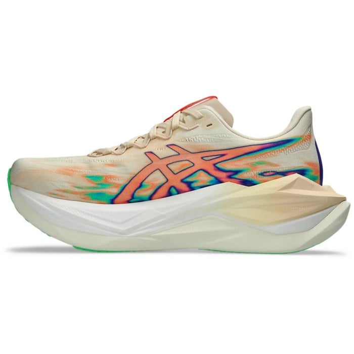 Colorful running shoe with brand logo on a white background