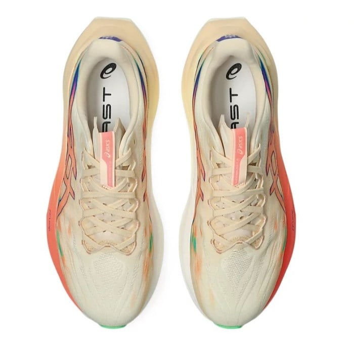 Pair of running shoes with colorful design on a white background