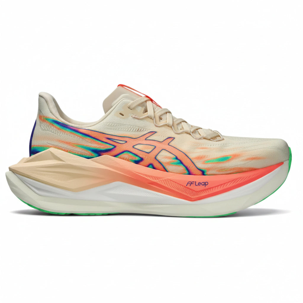 Colorful running shoe with brand logo on a white background
