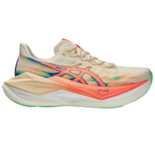 Colorful running shoe with brand logo on a white background