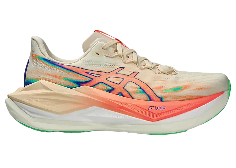 Beige and orange running shoe with colorful sole on a white background